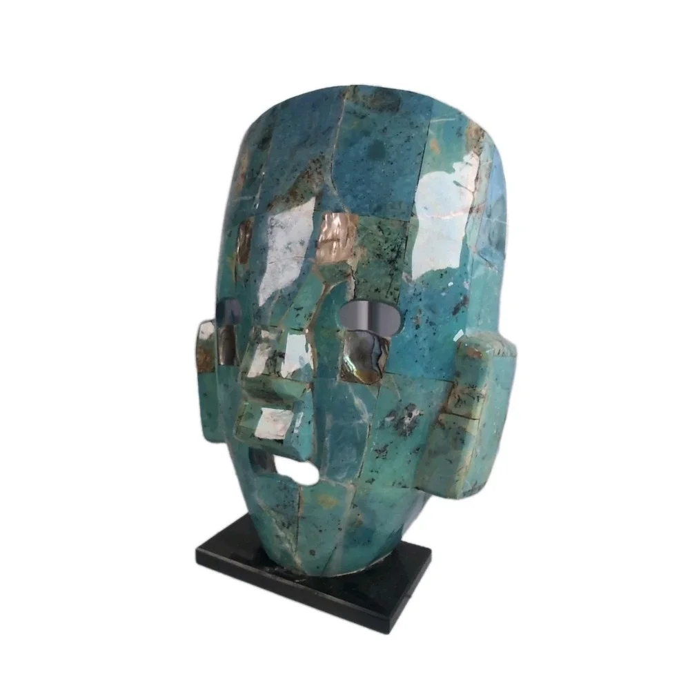 Vintage Art Sculpture Abalone Shell Pearl Mayan/Aztec Mask Blue Turquoise Displa